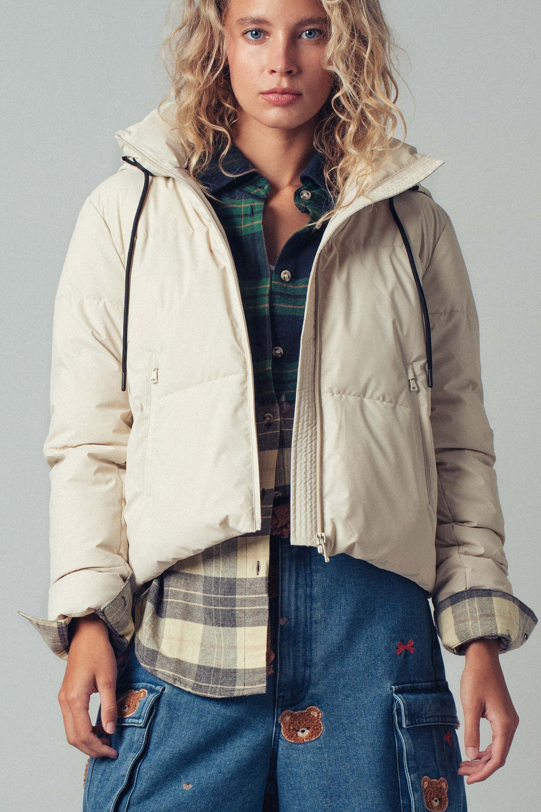 zip up hooded puffer winter jacket - cream