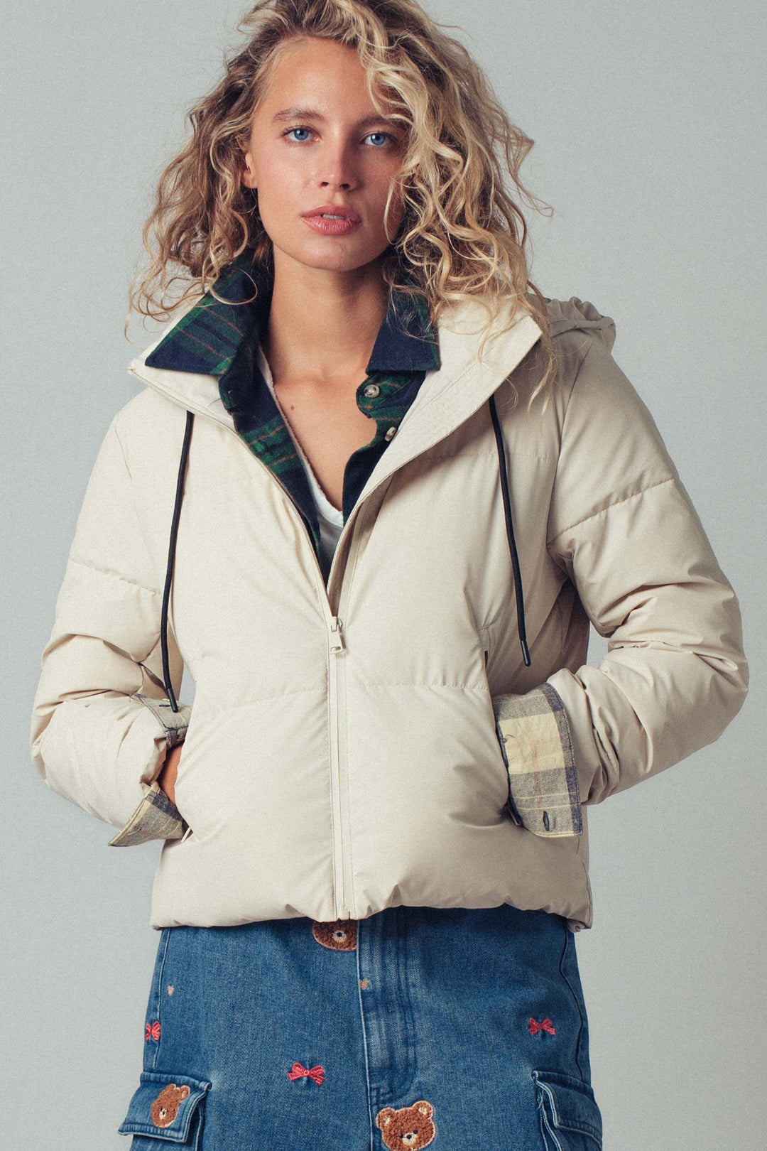 zip up hooded puffer winter jacket - cream (additional view)