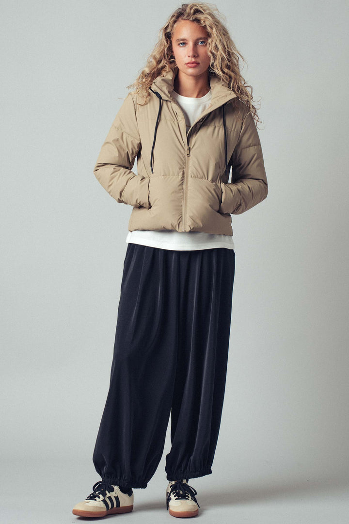 zip up hooded puffer winter jacket - khaki (additional view)