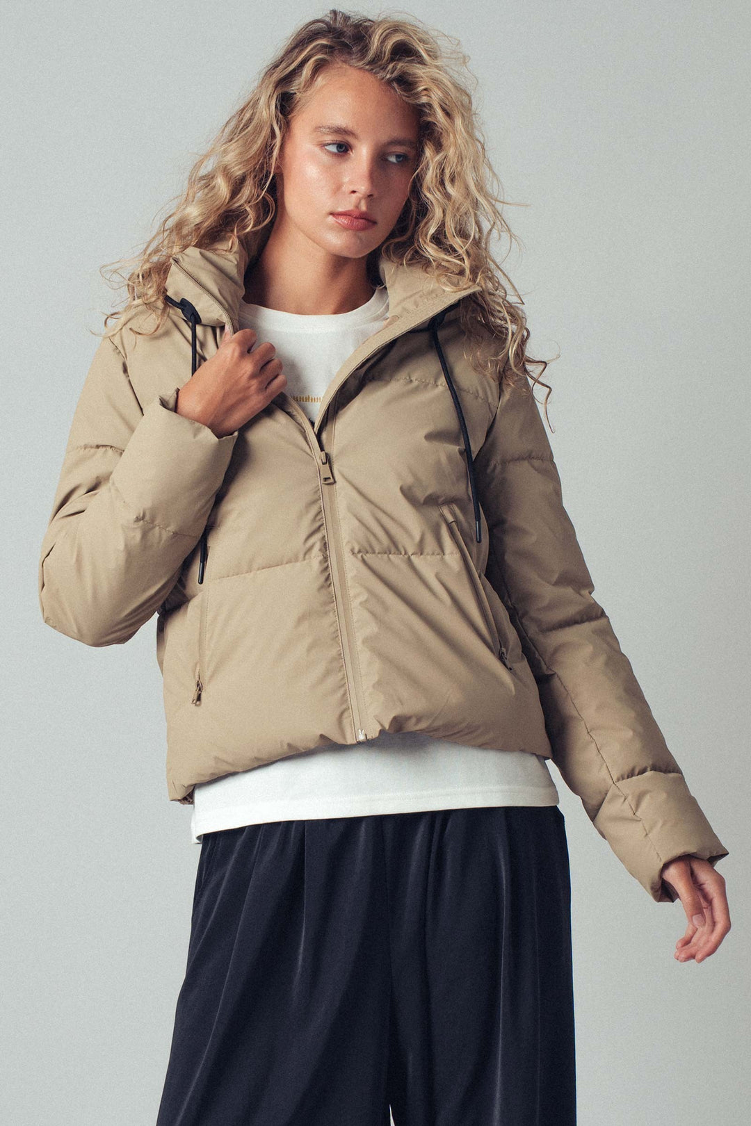 zip up hooded puffer winter jacket - khaki (additional view)
