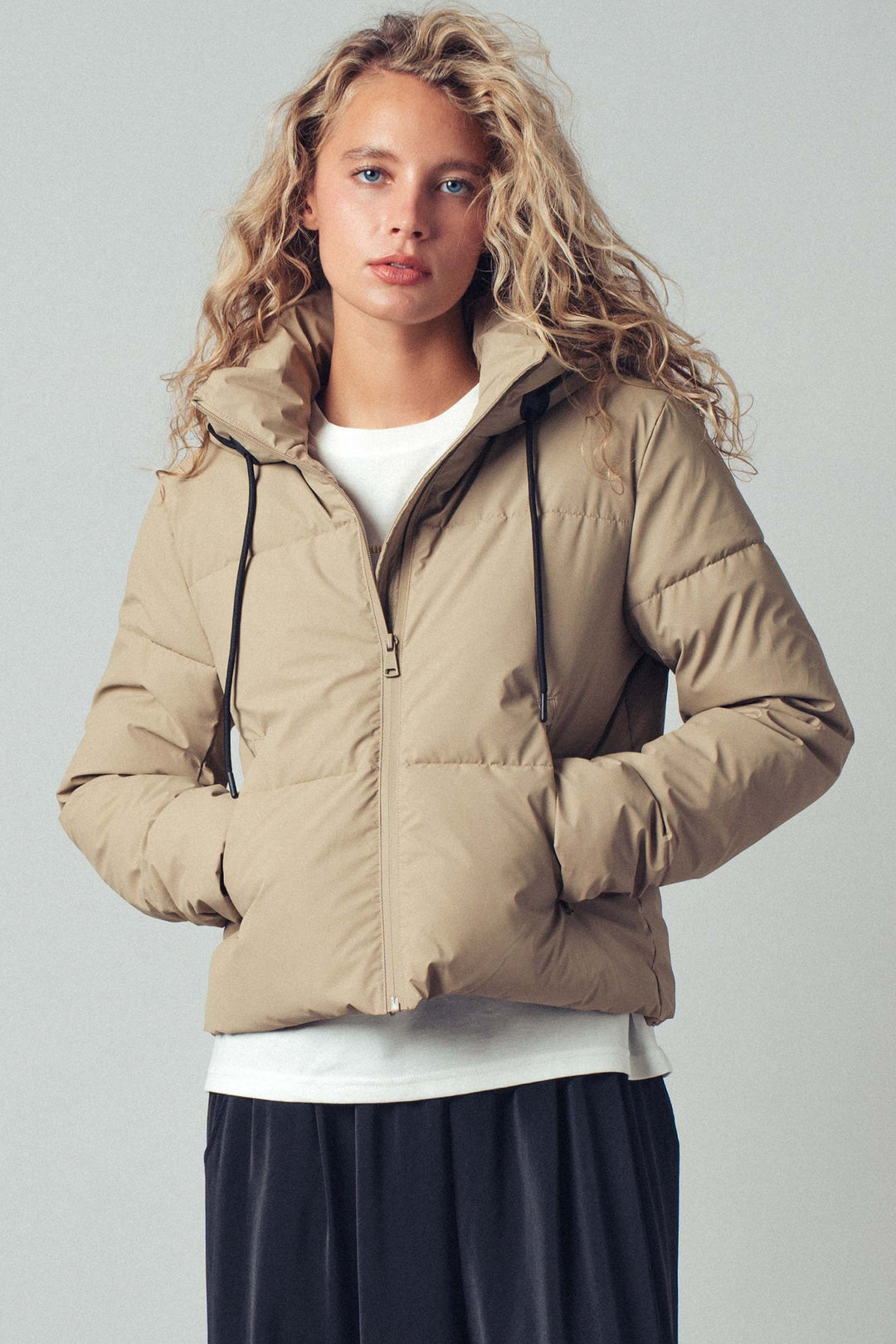 zip up hooded puffer winter jacket - khaki (additional view)