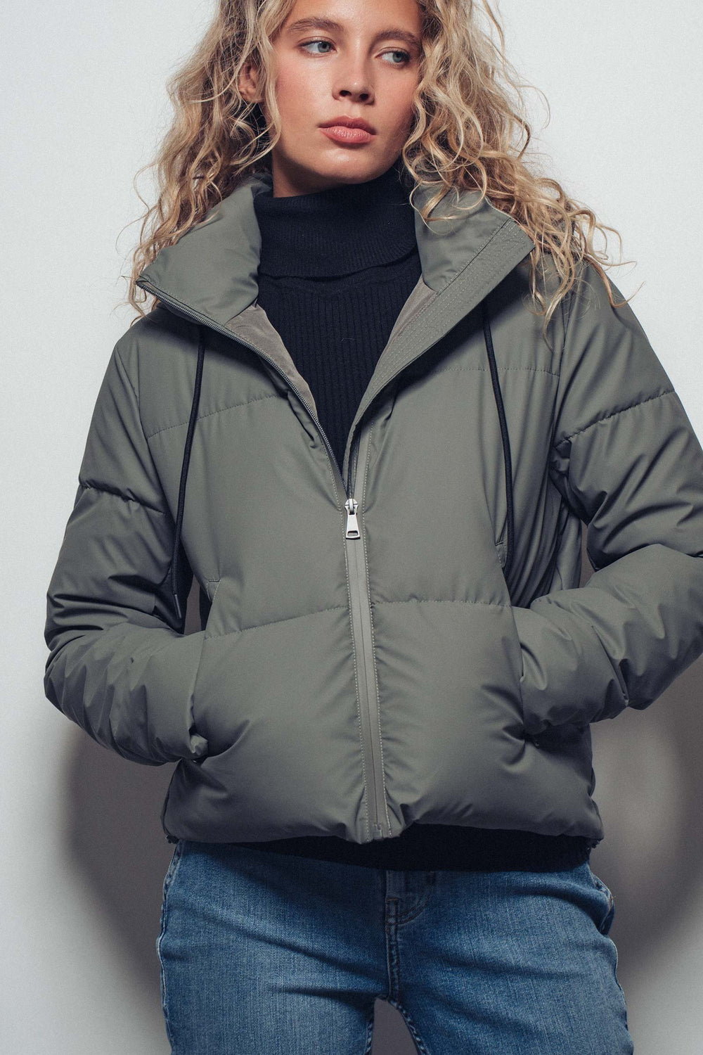 zip up hooded puffer winter jacket - olive