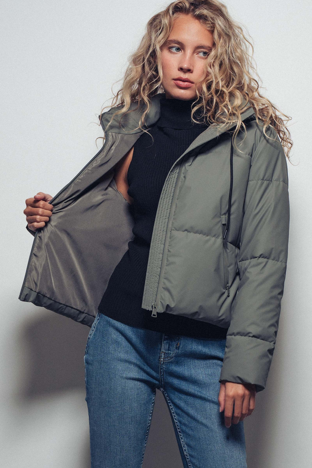 zip up hooded puffer winter jacket - olive (additional view)
