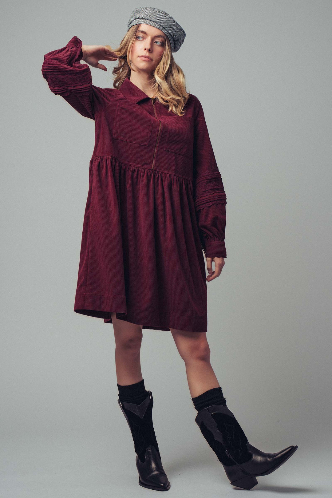 corduroy sleeve lace detail shirt dress - burgundy