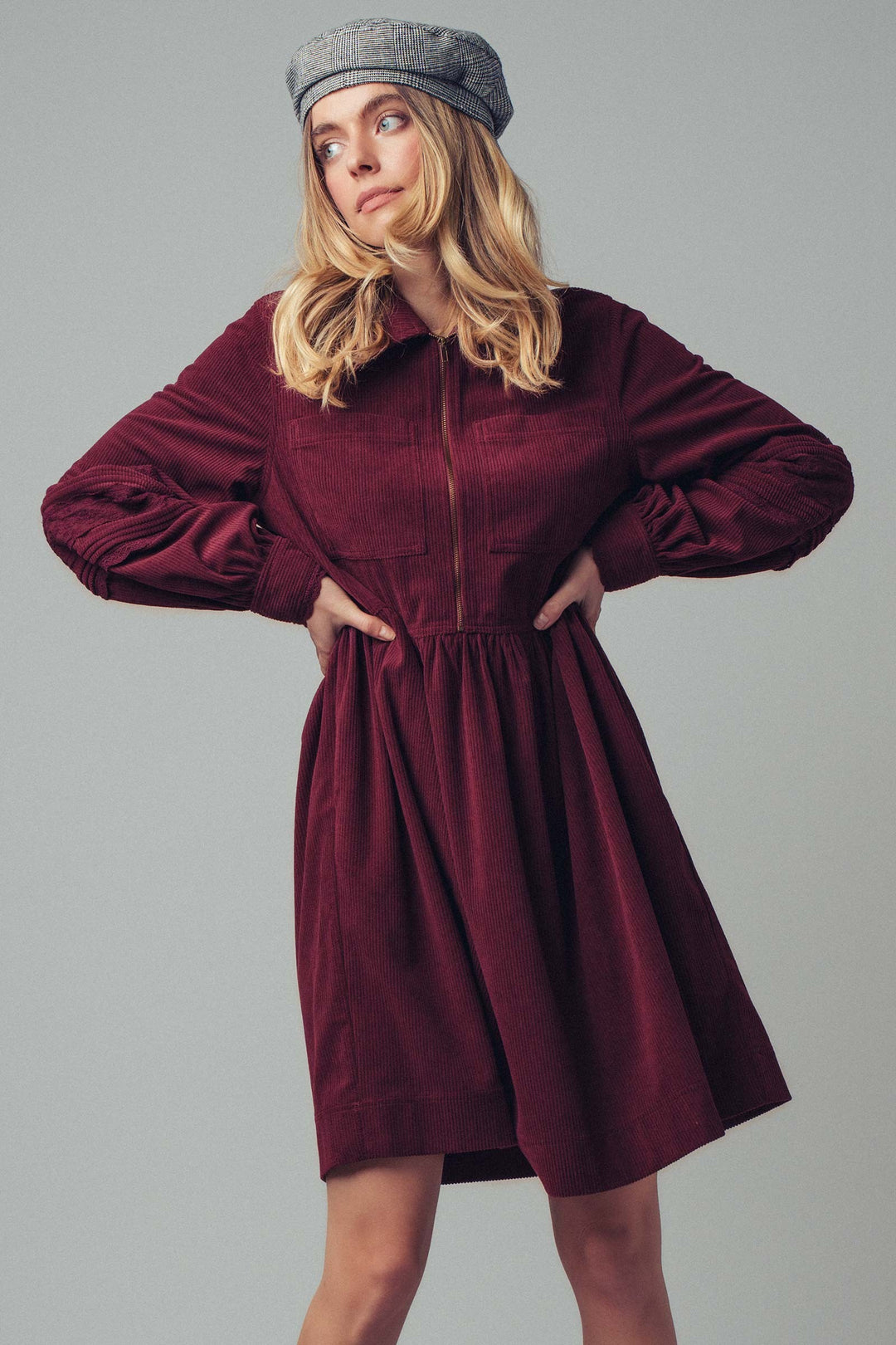 corduroy sleeve lace detail shirt dress - burgundy (additional view)