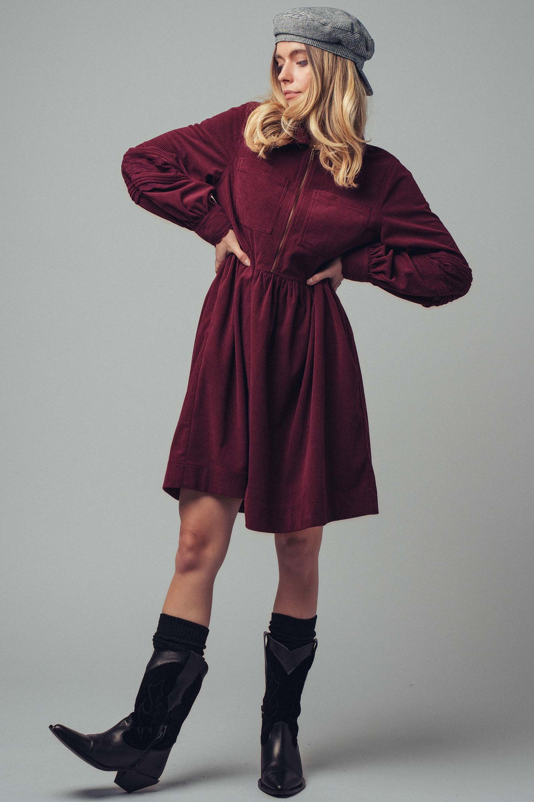 corduroy sleeve lace detail shirt dress - burgundy (additional view)
