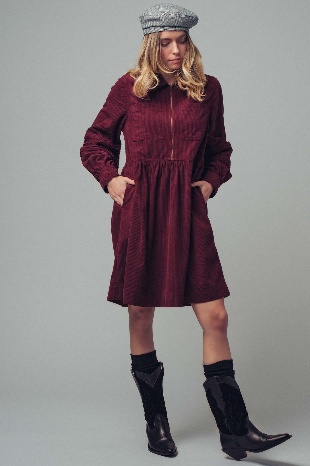corduroy sleeve lace detail shirt dress - burgundy (additional view)