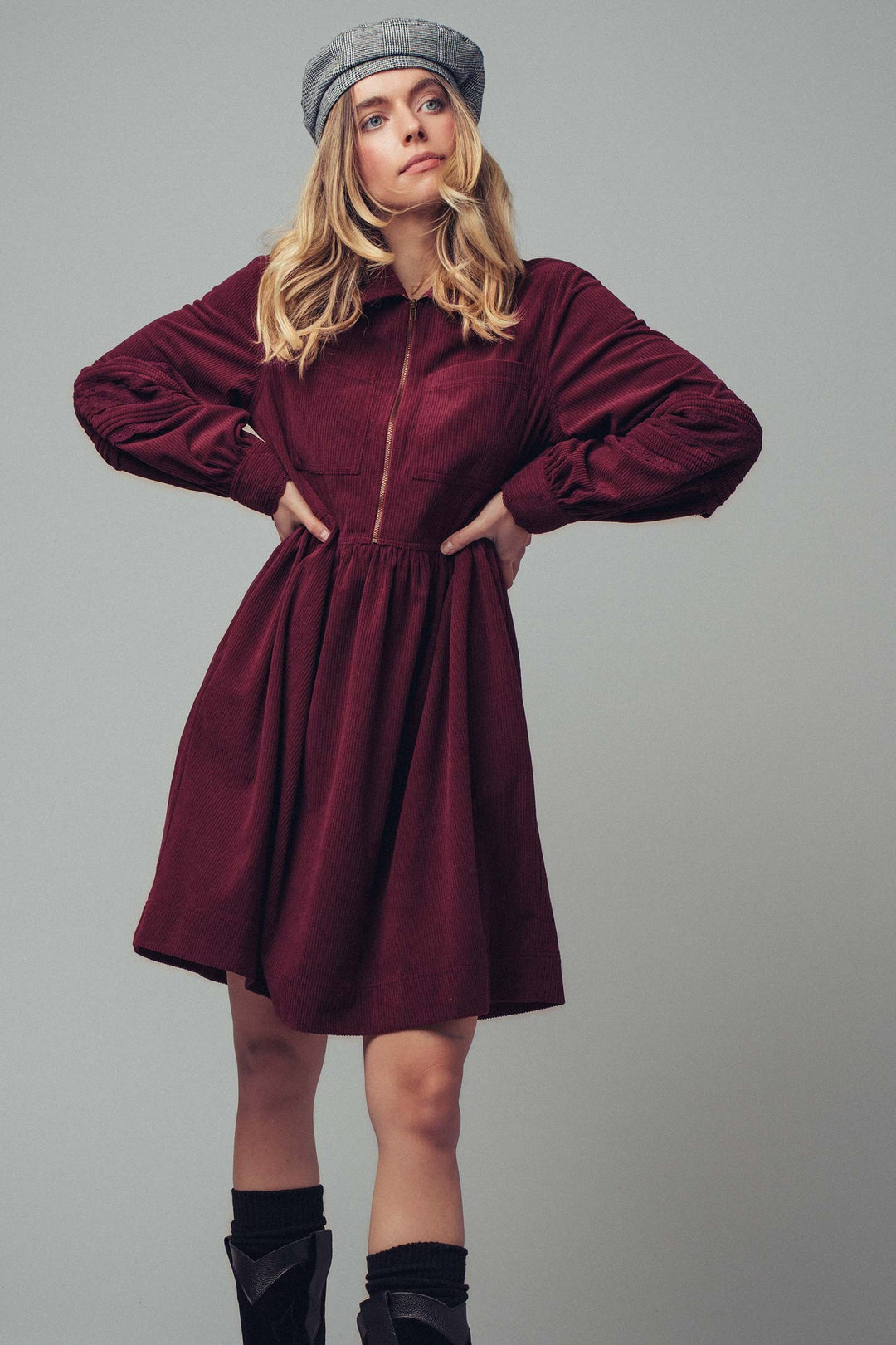 corduroy sleeve lace detail shirt dress - burgundy (additional view)