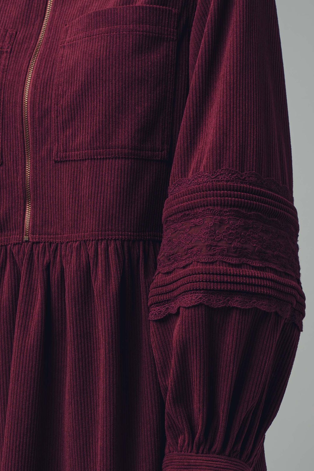 corduroy sleeve lace detail shirt dress - burgundy (additional view)