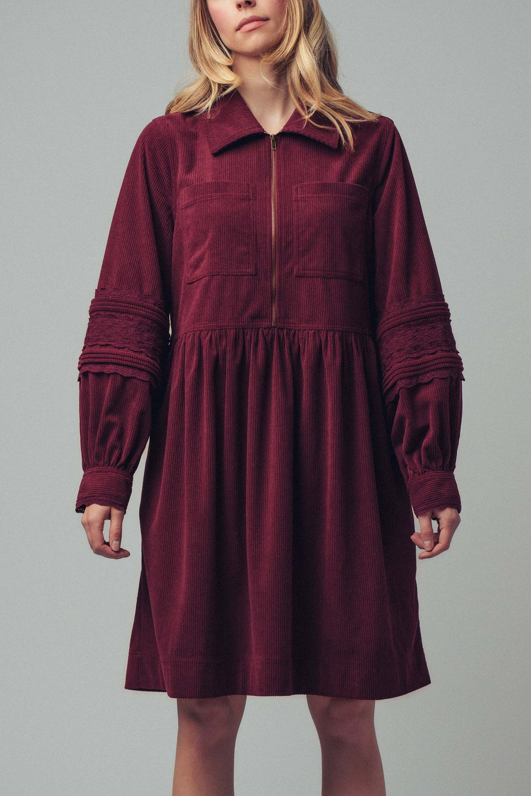 corduroy sleeve lace detail shirt dress - burgundy (additional view)