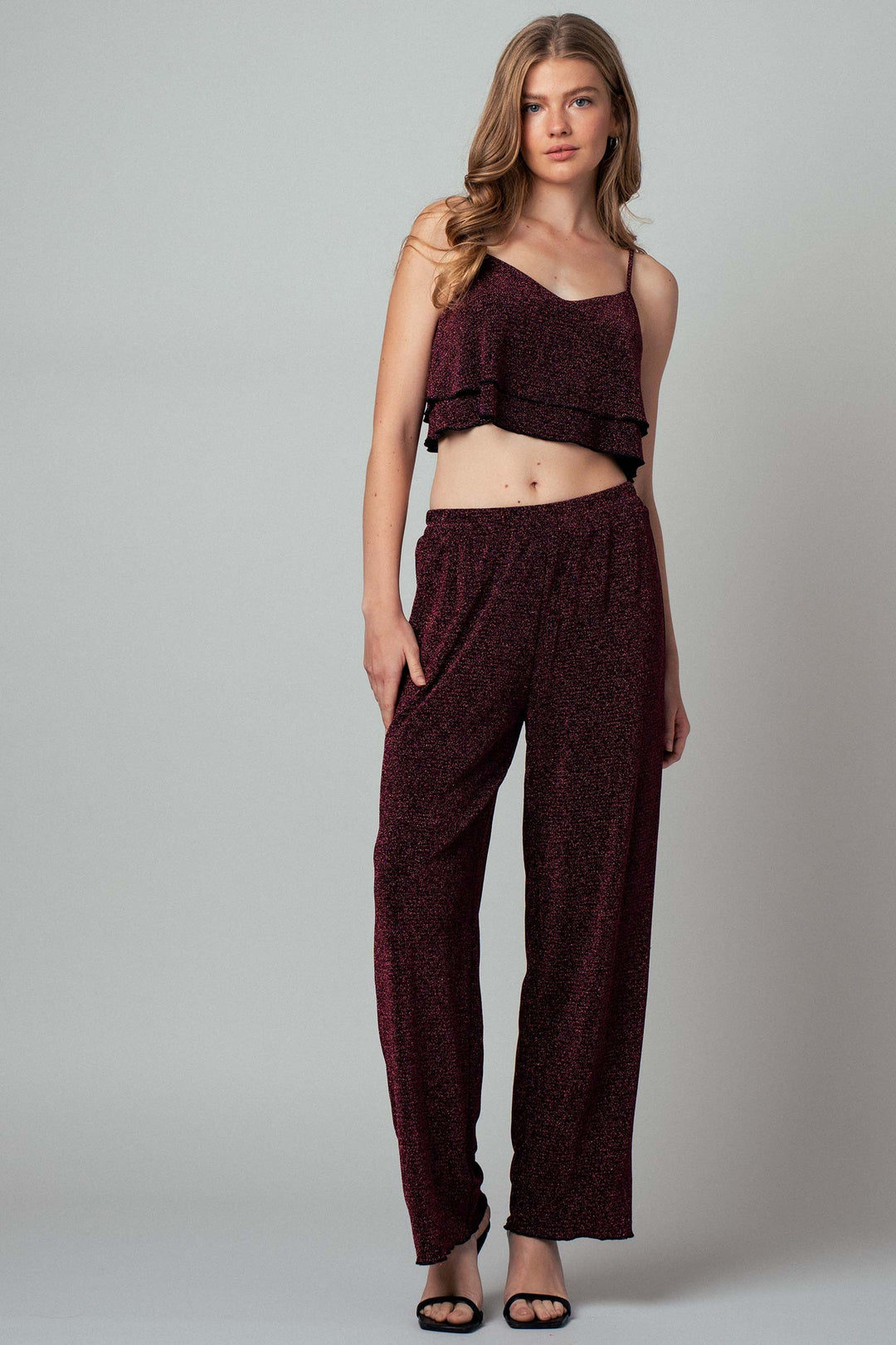 metallic two piece cami and pants set - black pink