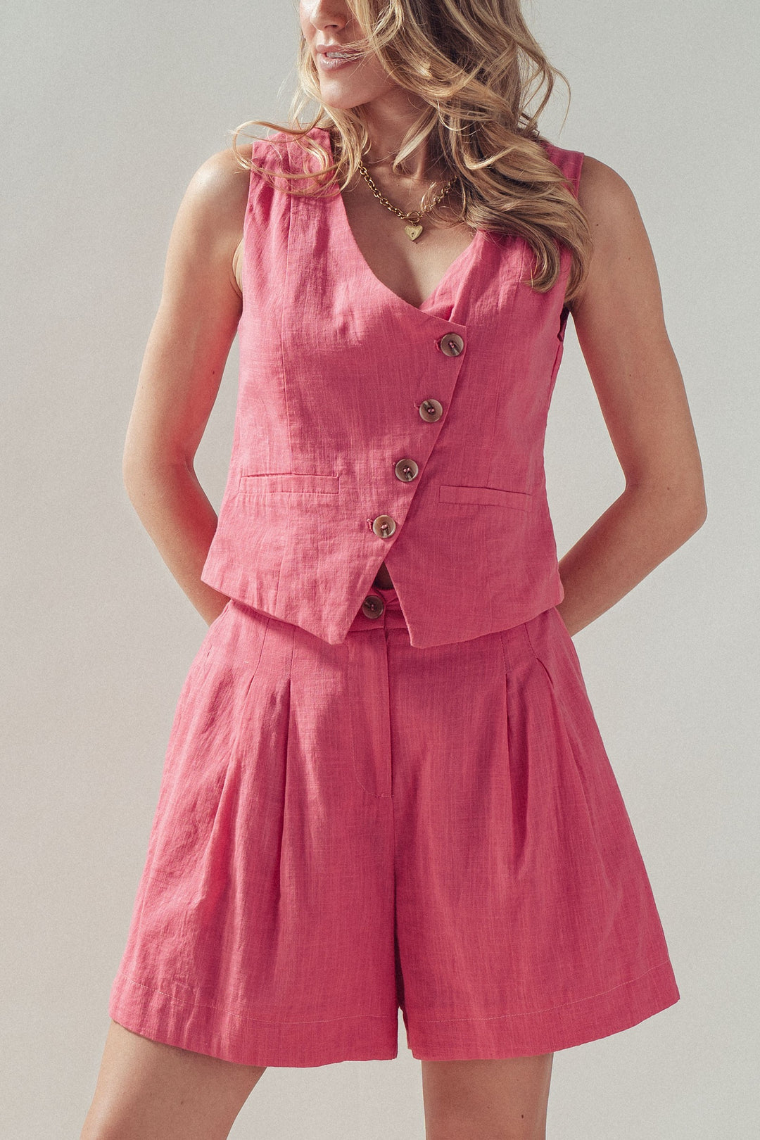 linen button vest shorts set - pink