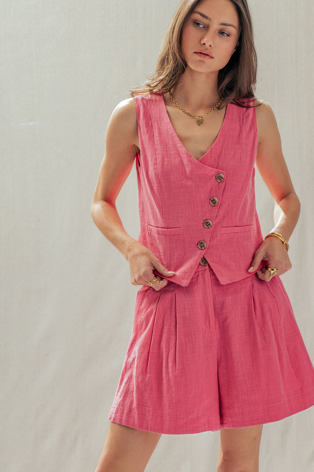 linen button vest shorts set - pink