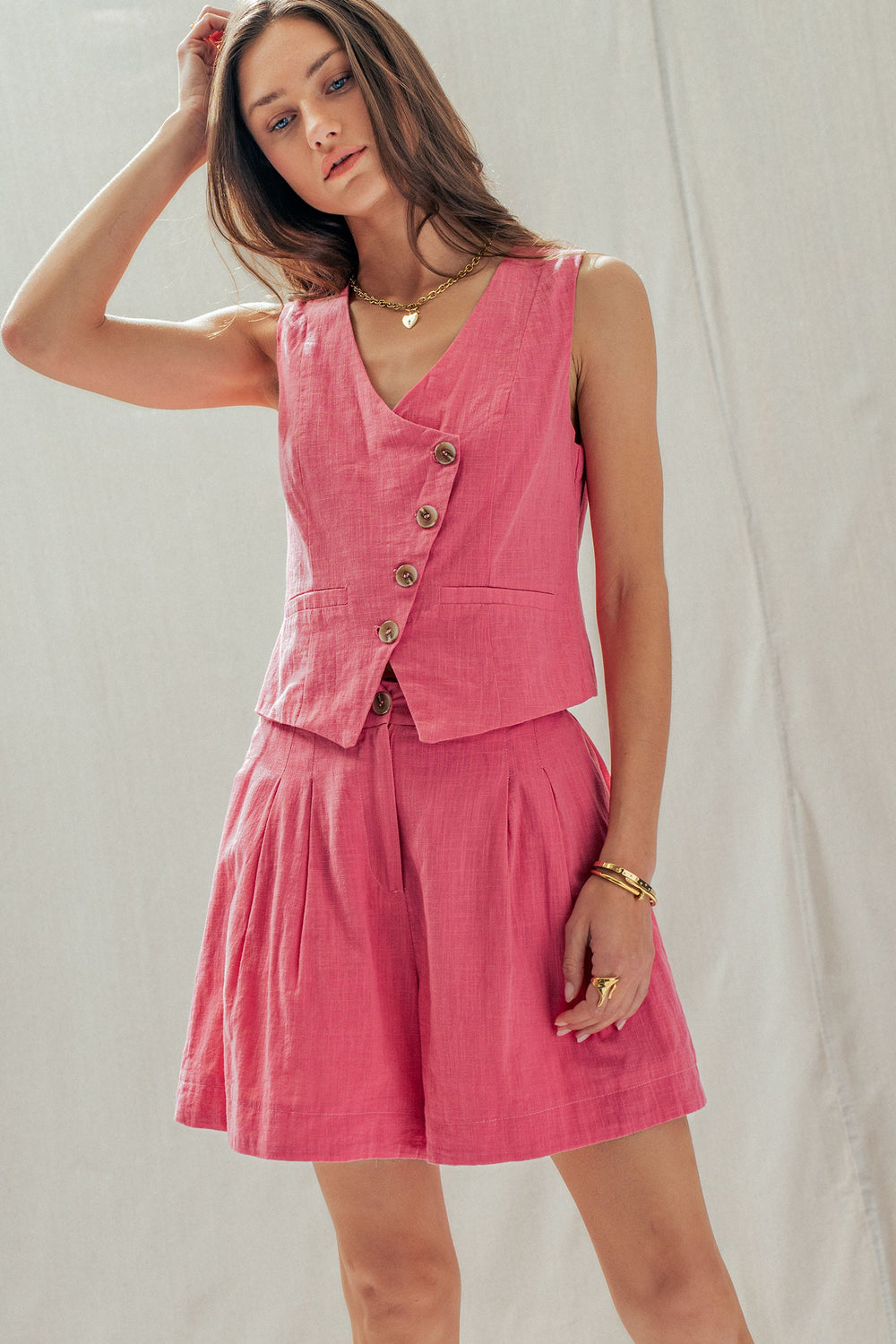 linen button vest shorts set - pink (additional view)
