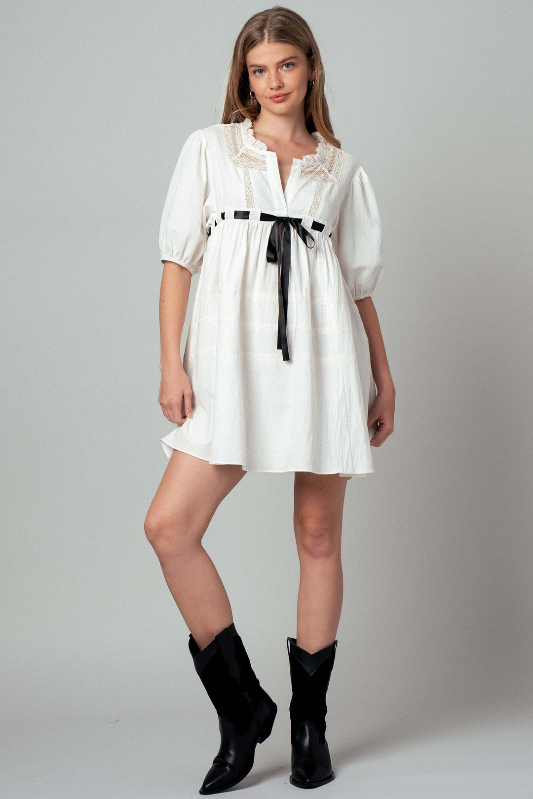 white boho lace mini dress with black bow - ivory