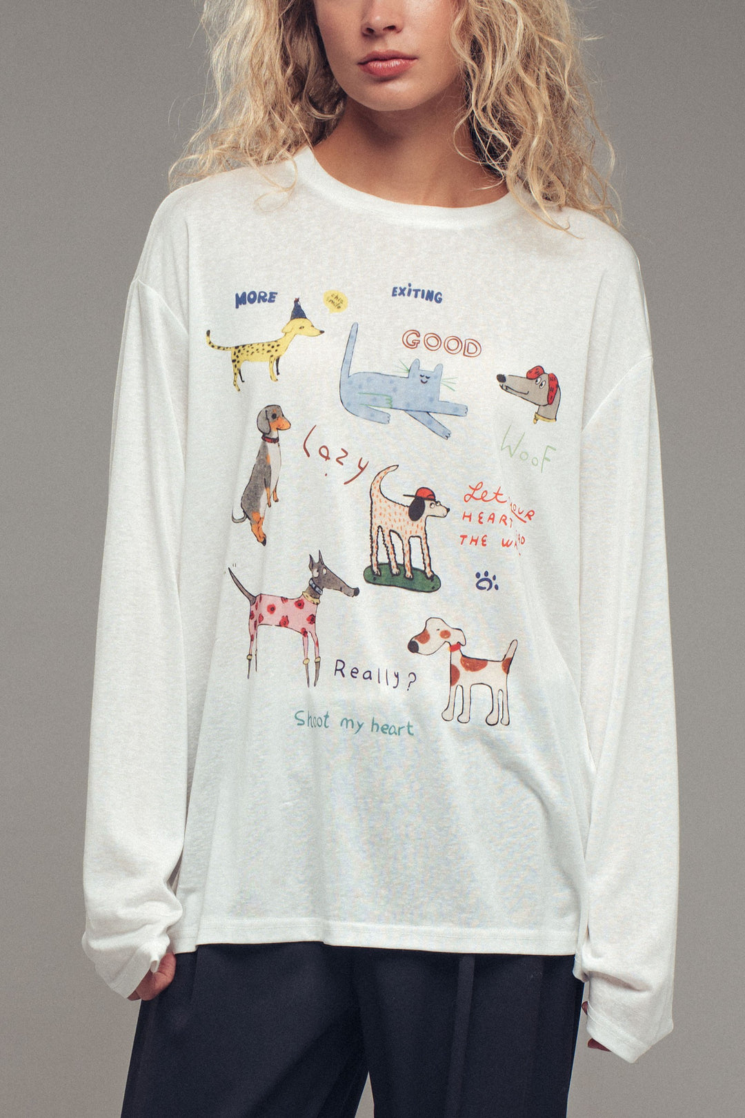 playful dog print relaxed fit long sleeve top - white (additional view)