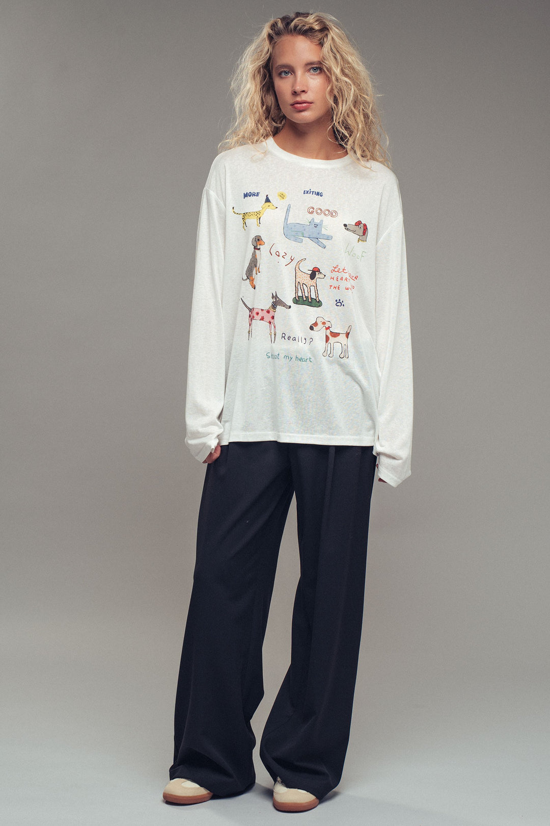 playful dog print relaxed fit long sleeve top - white (additional view)