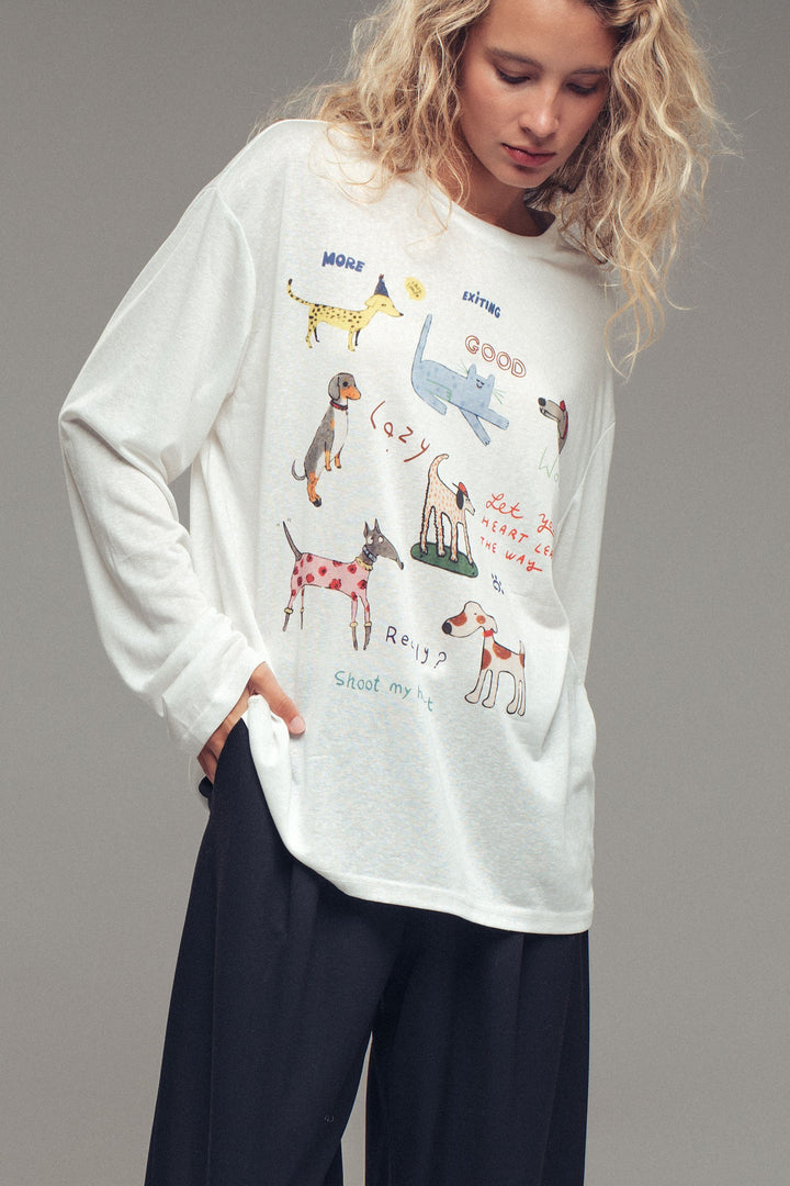 playful dog print relaxed fit long sleeve top - white (additional view)