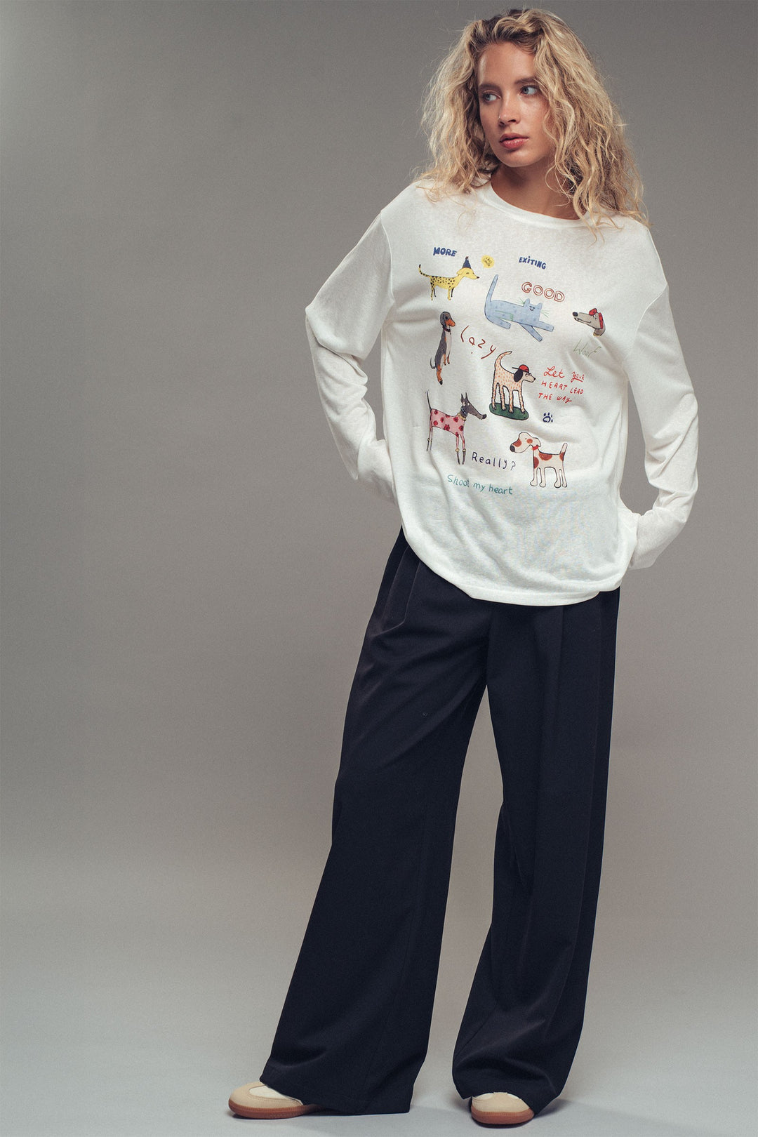 playful dog print relaxed fit long sleeve top - white (additional view)