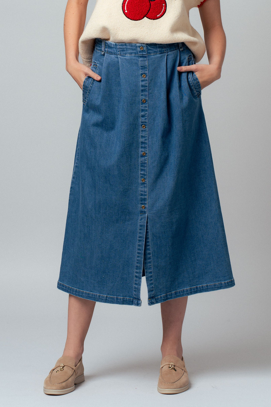 denim button front midi skirt - denim