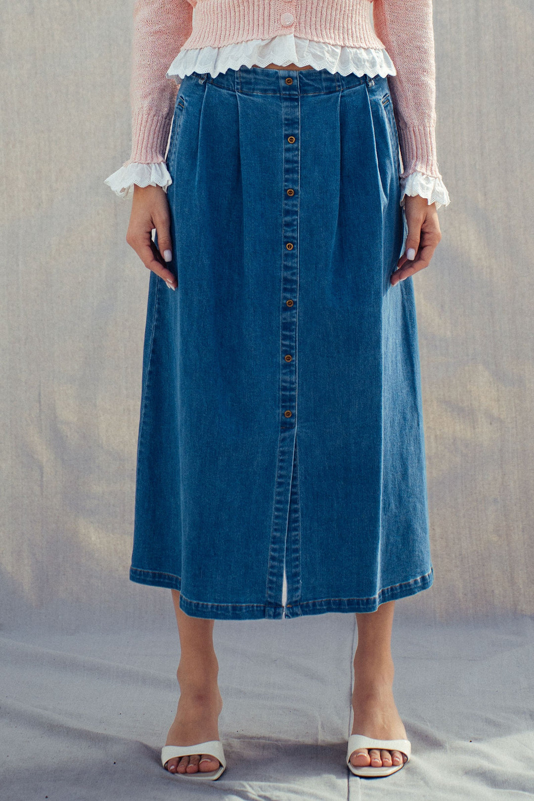denim button front midi skirt - denim