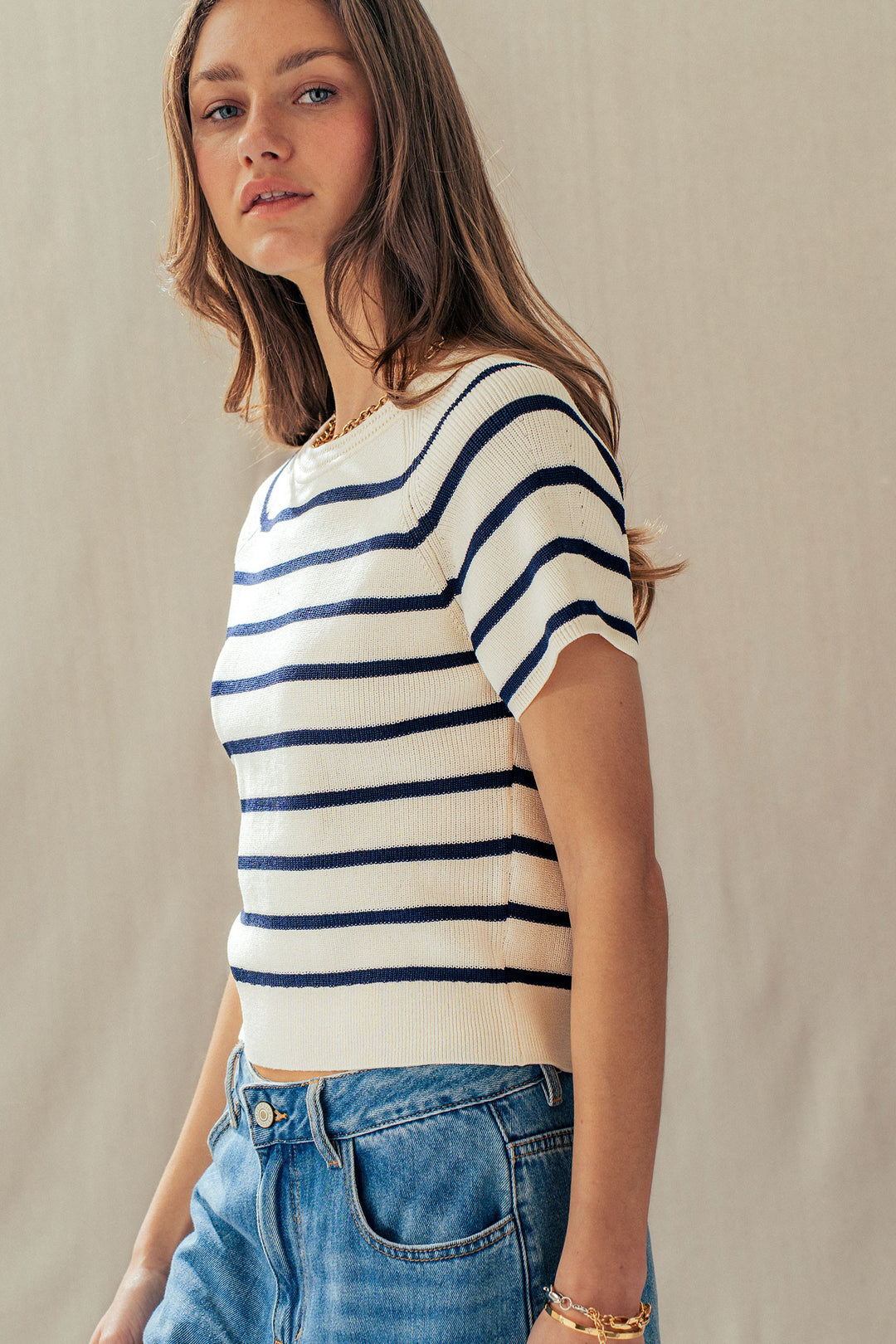 classic nautical stripe knit top - ivory navy (additional view)