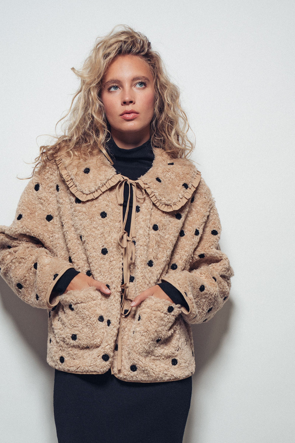 dot teddy collar jacket - taupe (additional view)
