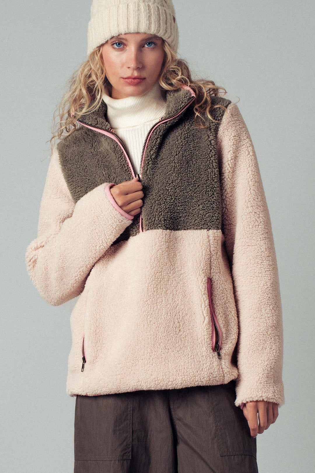 sherpa quarter zip pullover - ivory green