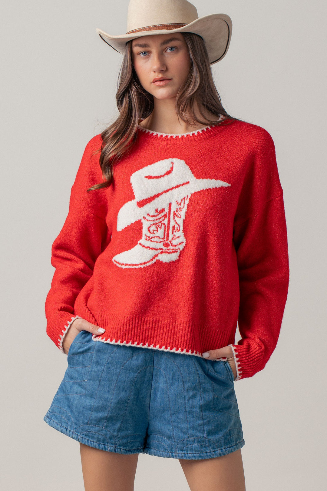 boot graphic knit sweater - red