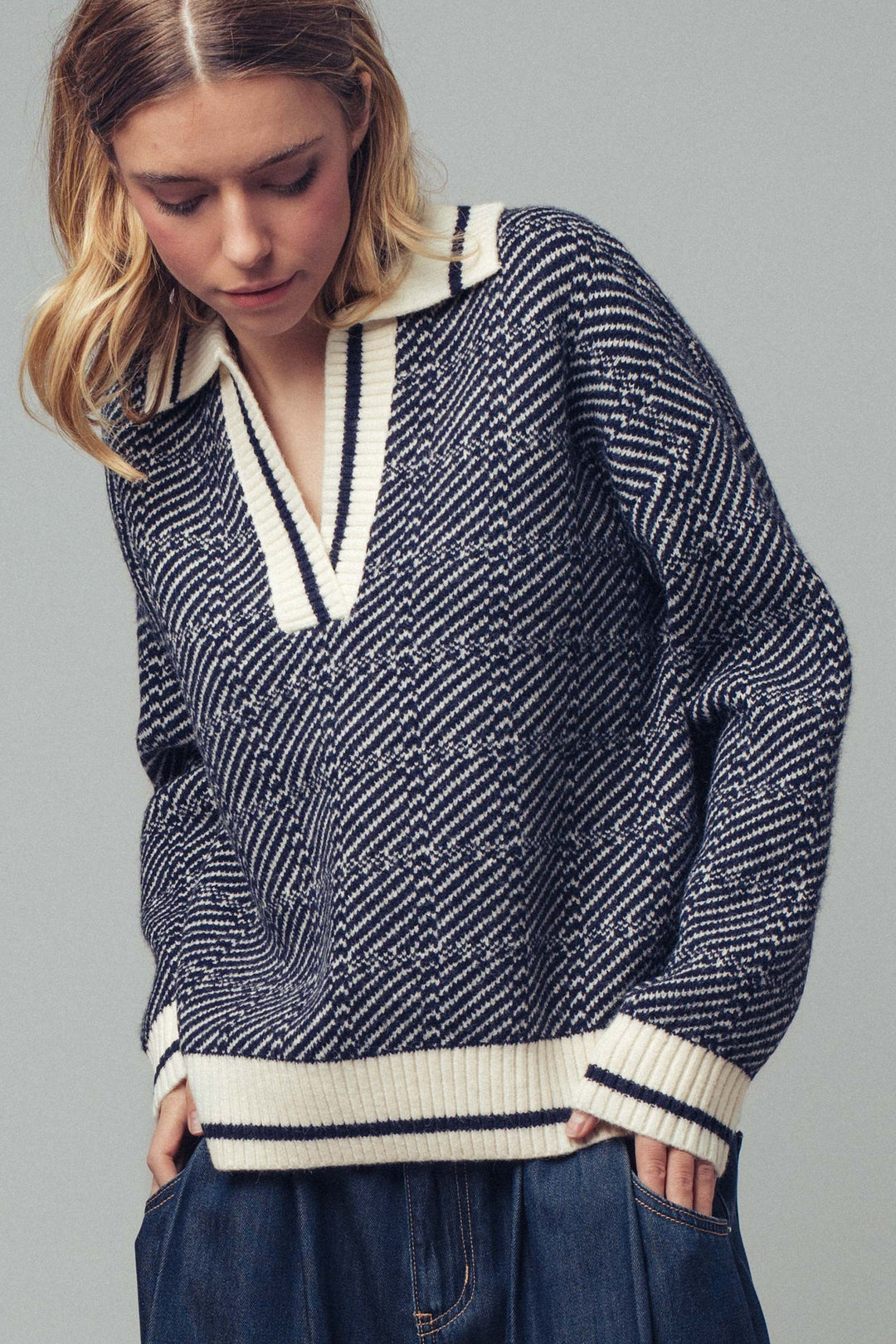 knit polo sweater - navy