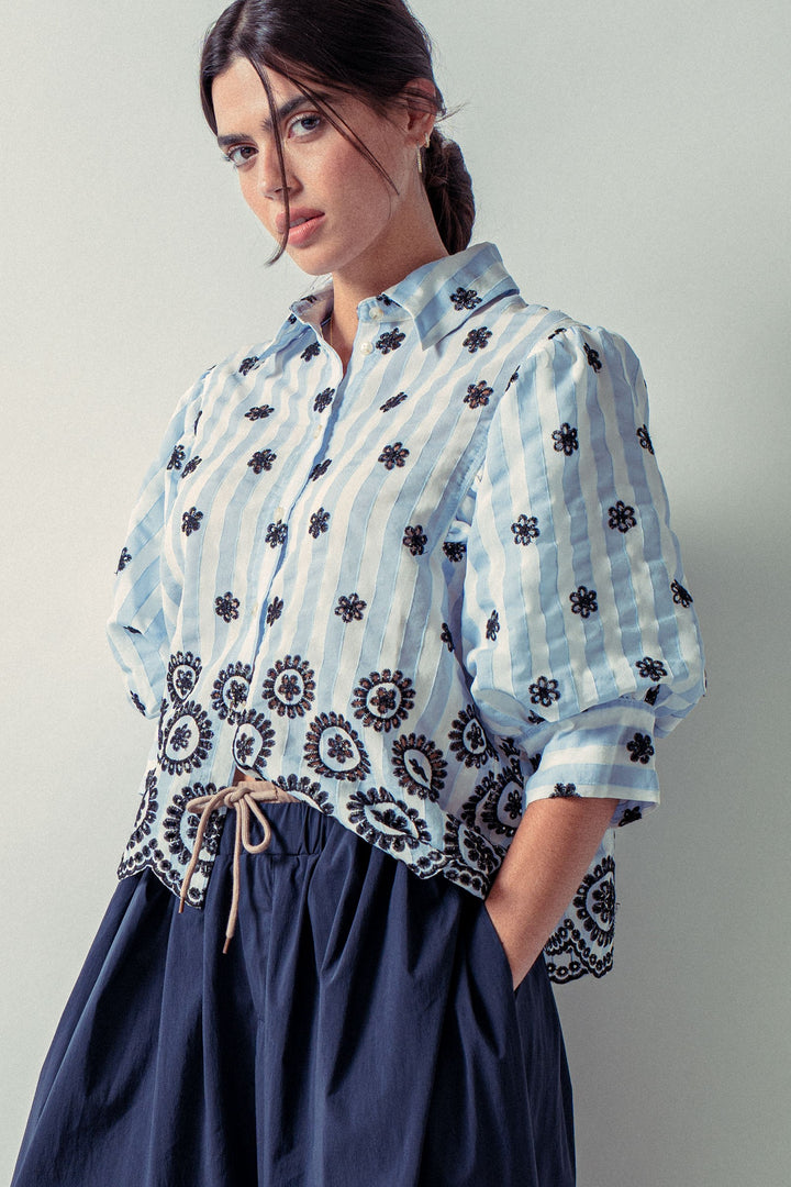embroidered stripe bloom blouse - blue