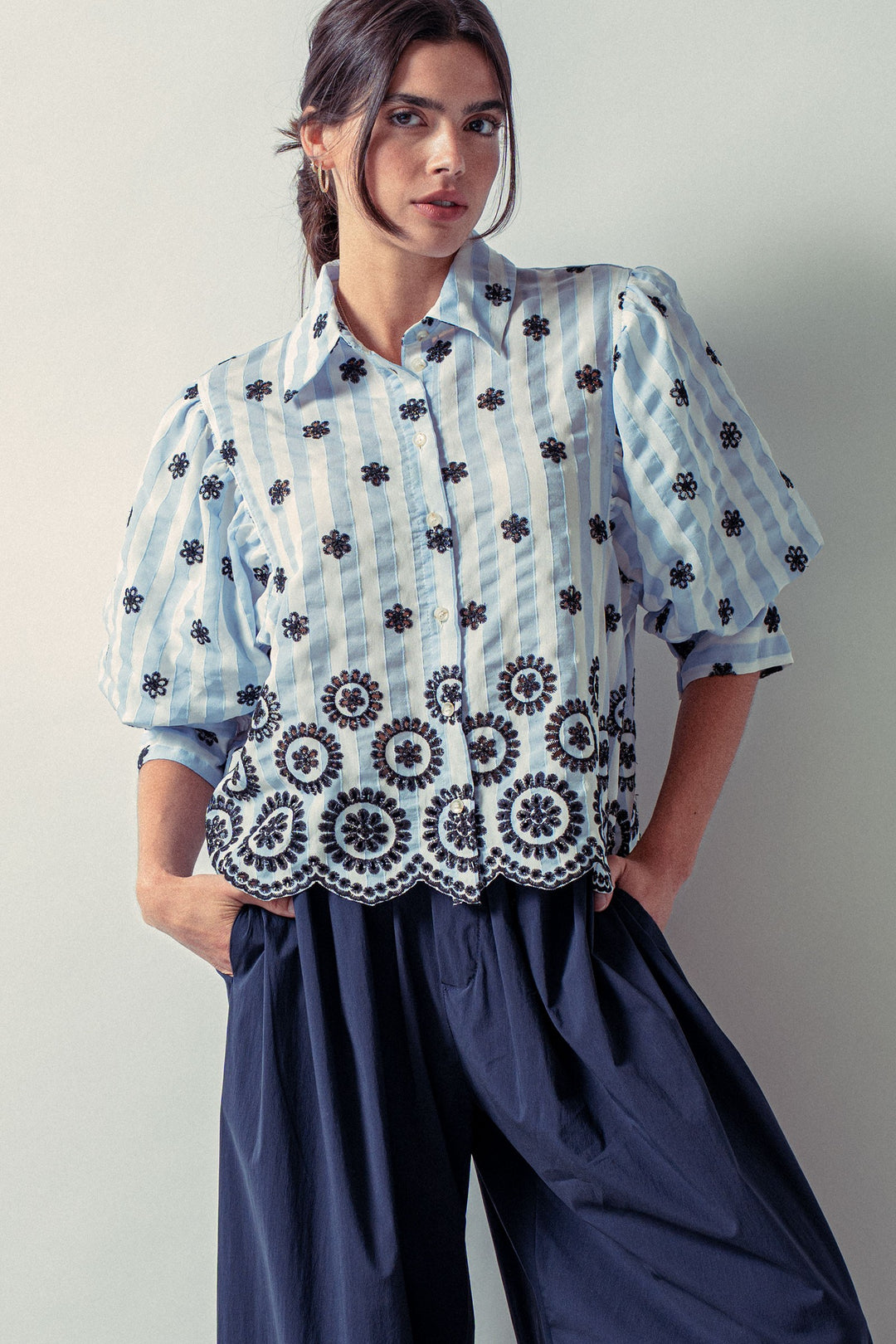 embroidered stripe bloom blouse - blue (additional view)
