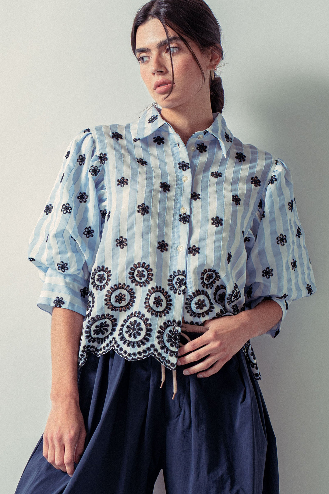 embroidered stripe bloom blouse - blue (additional view)