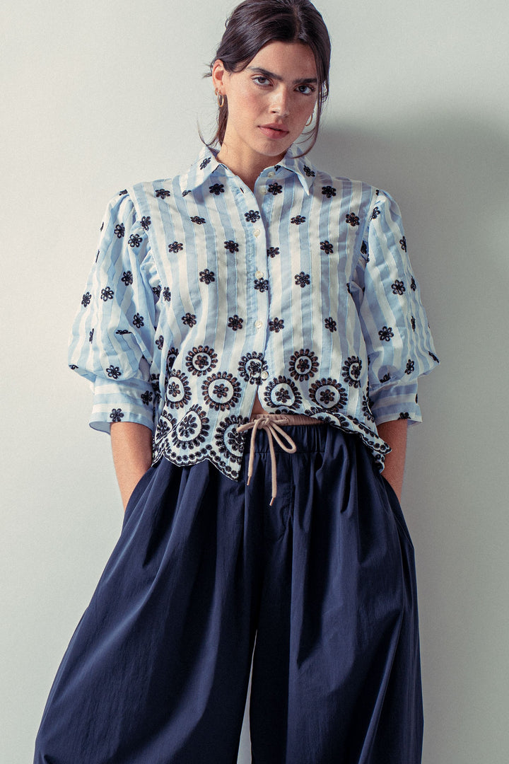 embroidered stripe bloom blouse - blue (additional view)