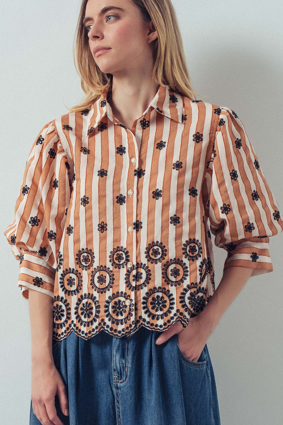 embroidered stripe bloom blouse - brown