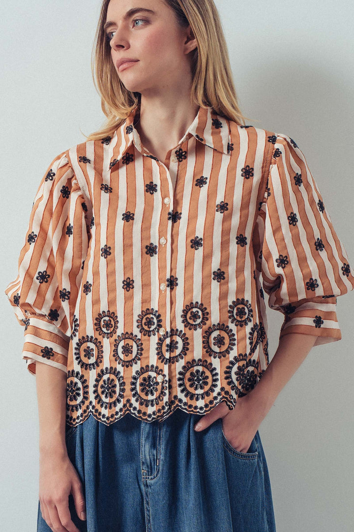 embroidered stripe bloom blouse - brown
