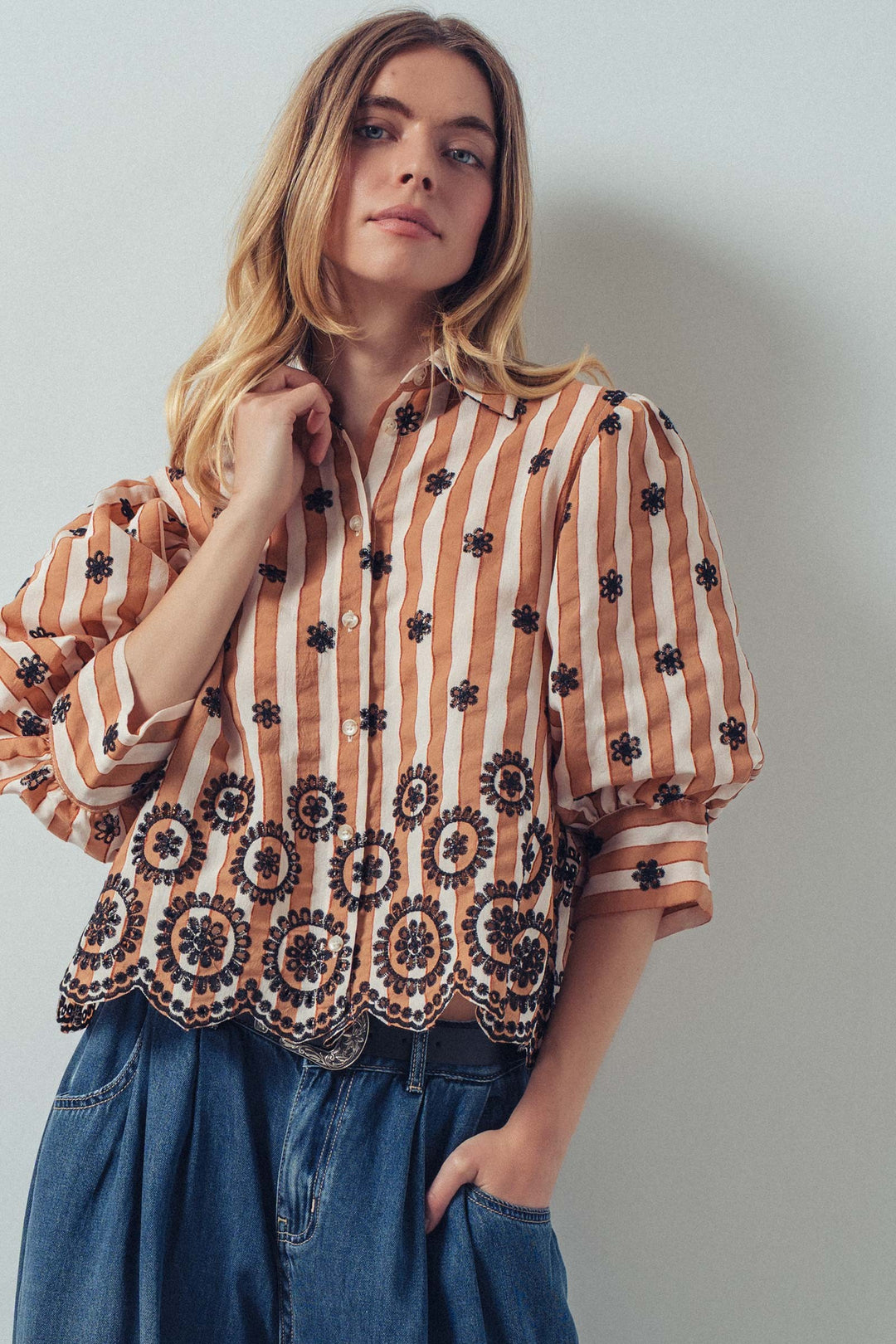 embroidered stripe bloom blouse - brown (additional view)