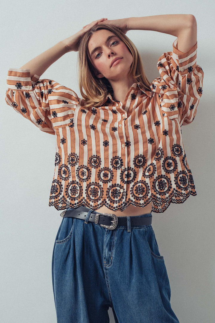 embroidered stripe bloom blouse - brown (additional view)