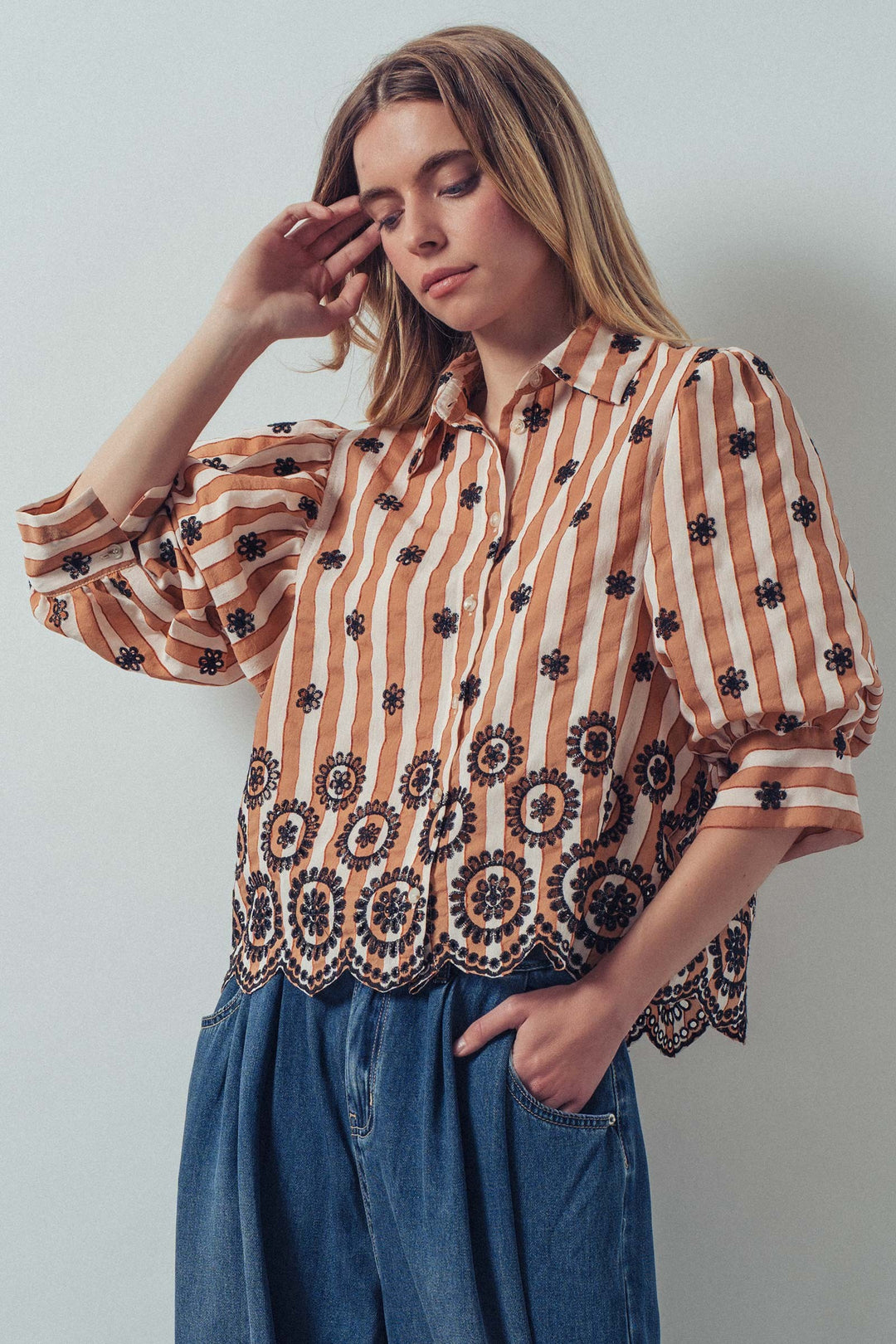 embroidered stripe bloom blouse - brown (additional view)