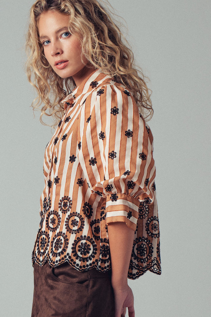 embroidered stripe bloom blouse - brown (additional view)
