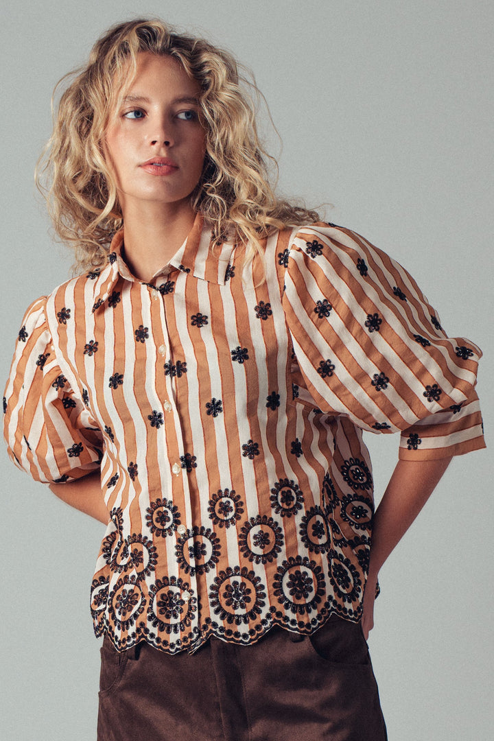 embroidered stripe bloom blouse - brown (additional view)