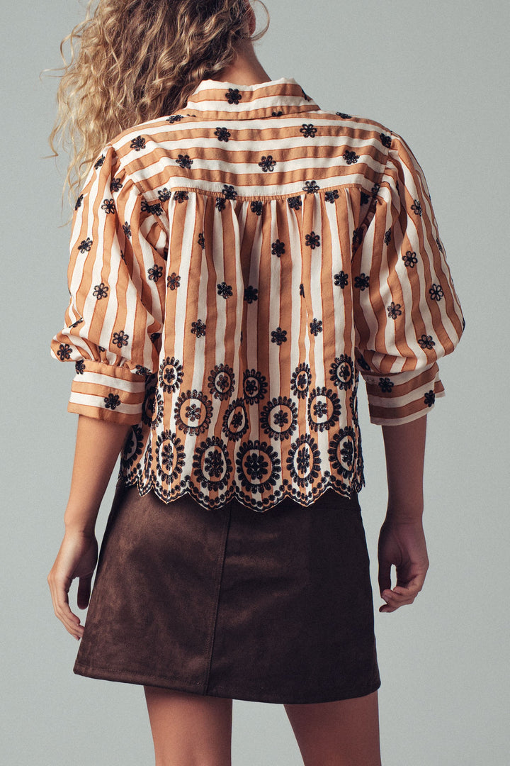 embroidered stripe bloom blouse - brown (additional view)