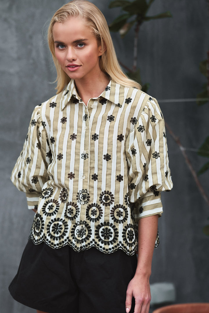 embroidered stripe bloom blouse - olive