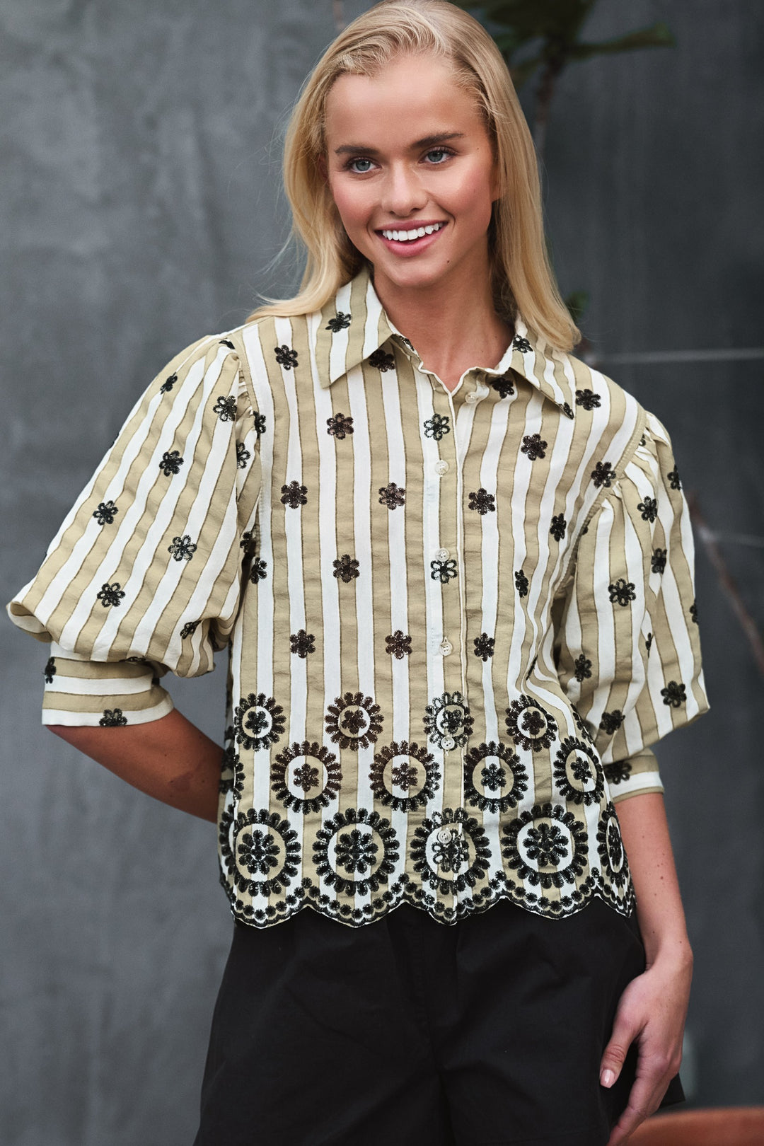 embroidered stripe bloom blouse - olive (additional view)