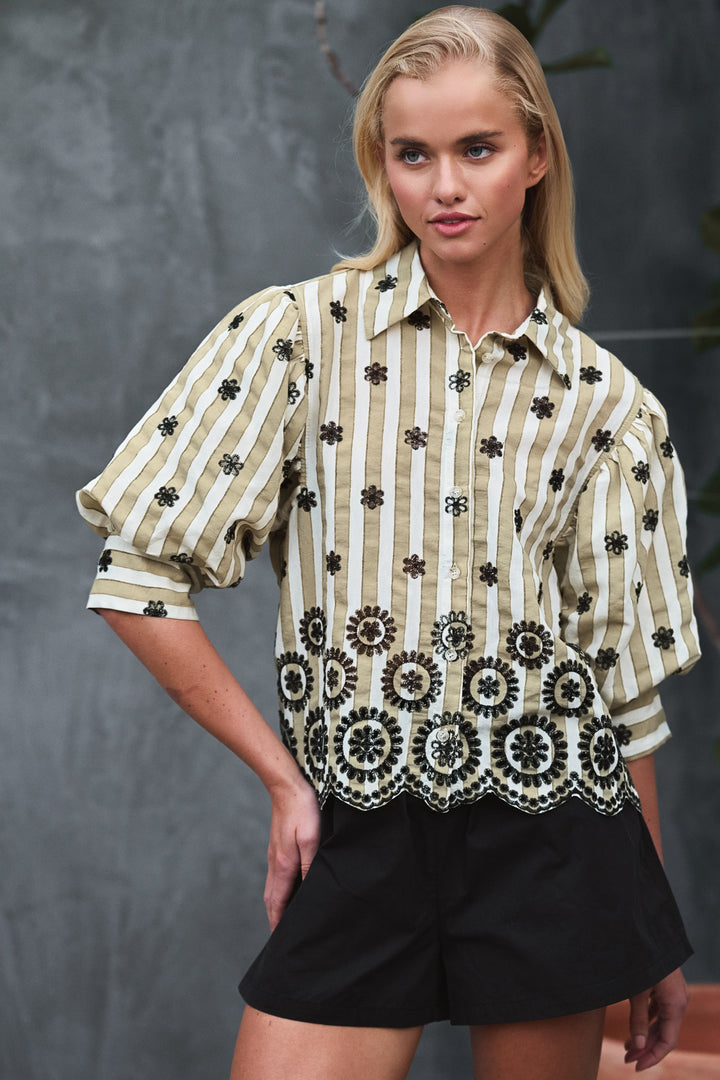 embroidered stripe bloom blouse - olive (additional view)