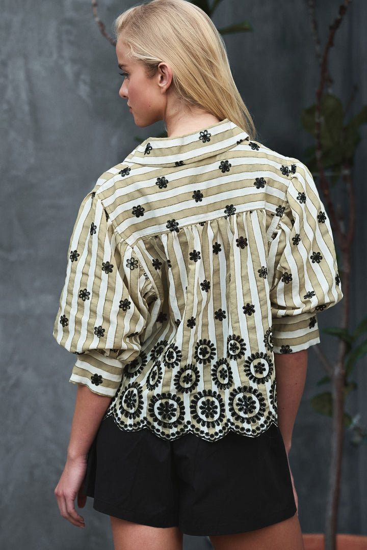 embroidered stripe bloom blouse - olive (additional view)