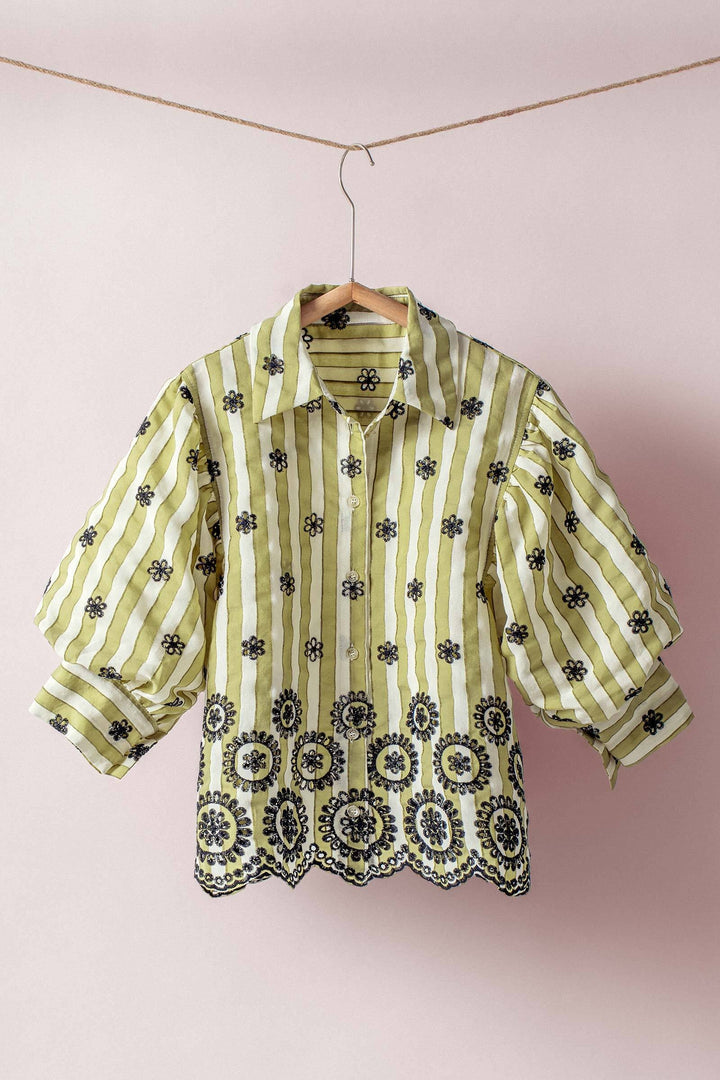 embroidered stripe bloom blouse - olive (additional view)