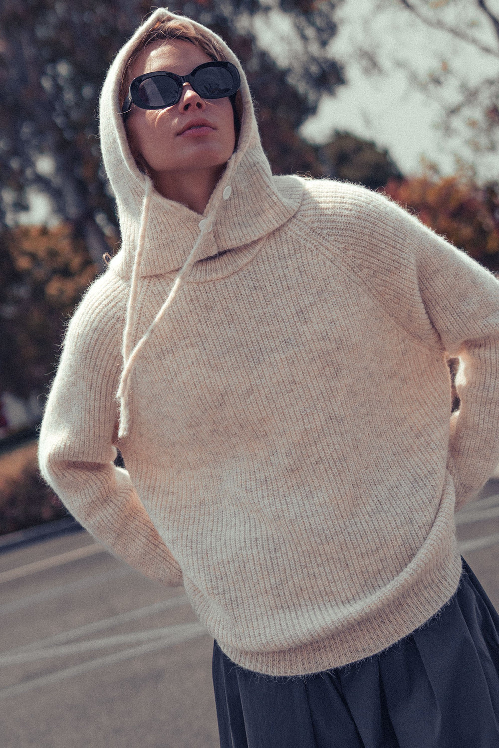 wool blend sweater versatile hooded scarf set - oatmeal (additional view)