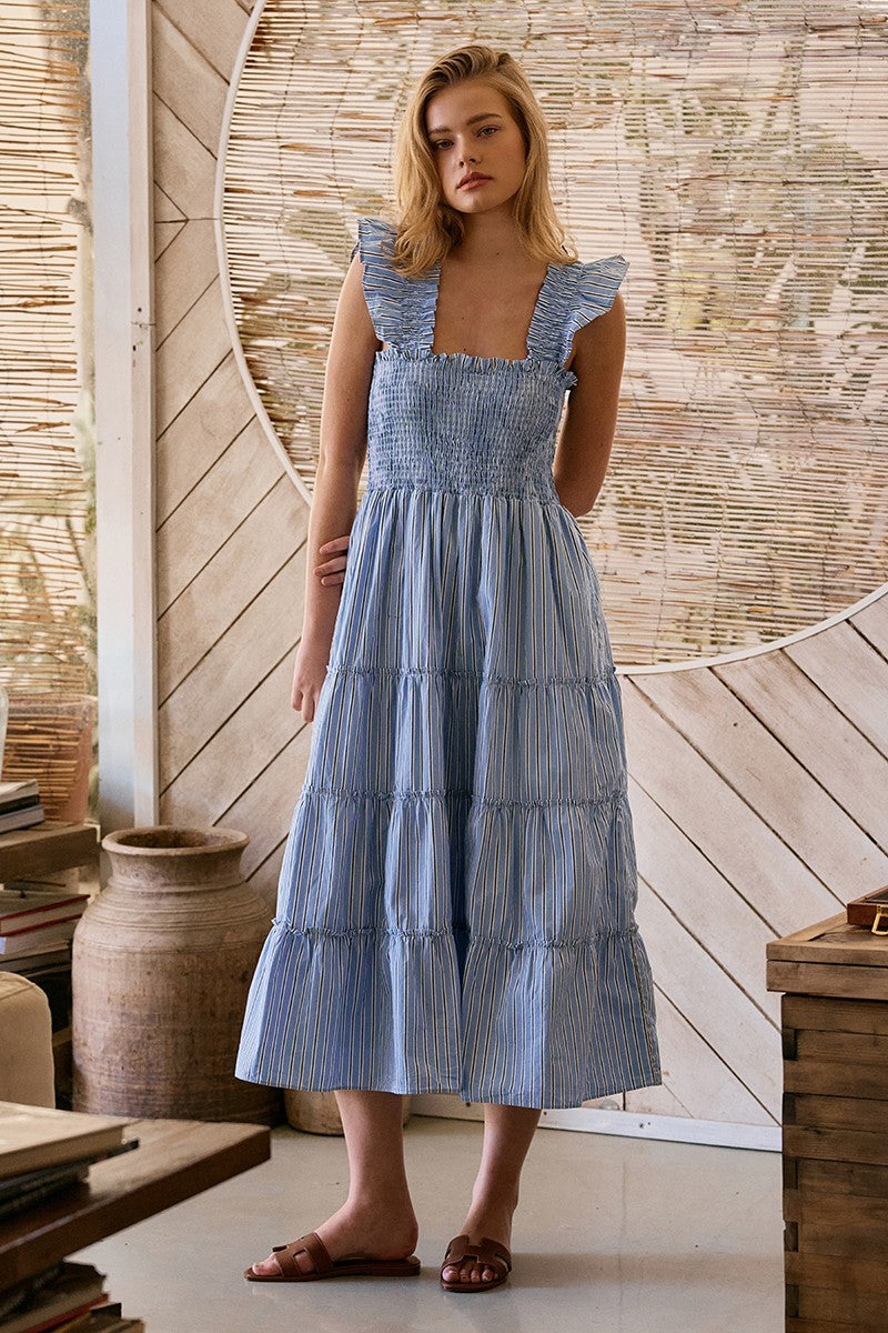 striped smocked cotton midi dress - blue stripe
