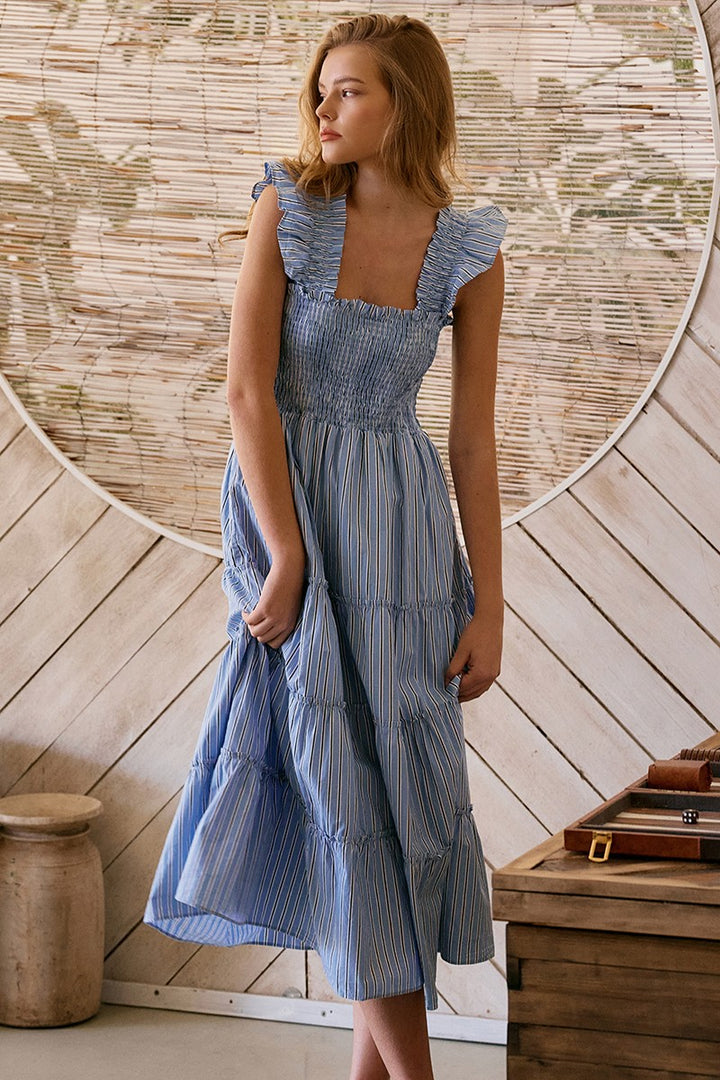 striped smocked cotton midi dress - blue stripe (additional view)